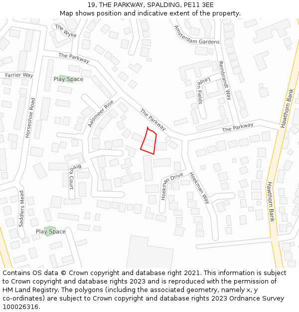 19, THE PARKWAY, SPALDING, PE11 3EE: Location map and indicative extent of plot