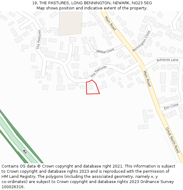 19, THE PASTURES, LONG BENNINGTON, NEWARK, NG23 5EG: Location map and indicative extent of plot