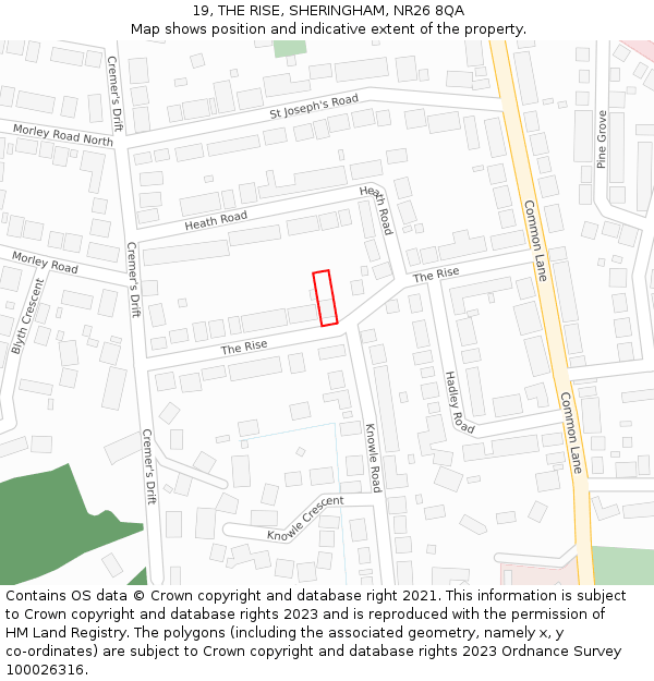 19, THE RISE, SHERINGHAM, NR26 8QA: Location map and indicative extent of plot