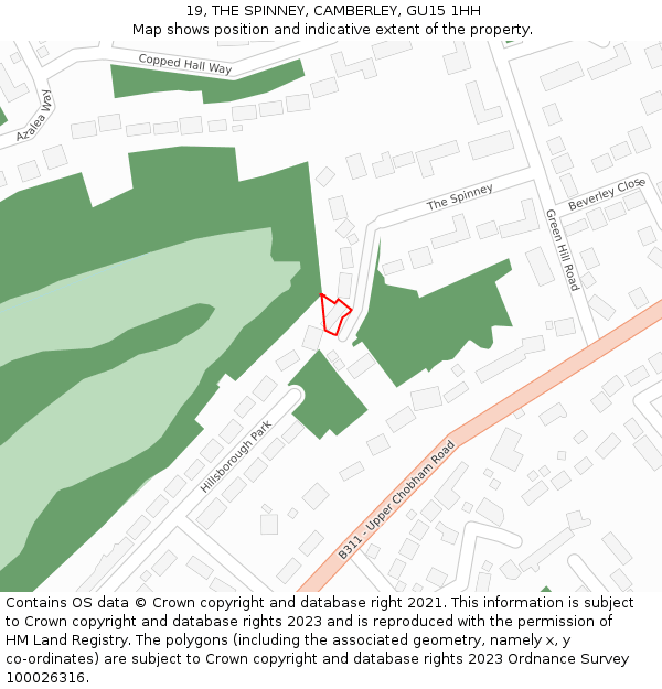 19, THE SPINNEY, CAMBERLEY, GU15 1HH: Location map and indicative extent of plot