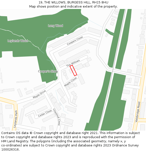 19, THE WILLOWS, BURGESS HILL, RH15 8HU: Location map and indicative extent of plot