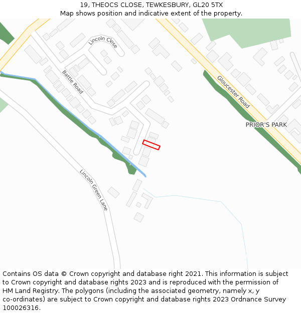 19, THEOCS CLOSE, TEWKESBURY, GL20 5TX: Location map and indicative extent of plot