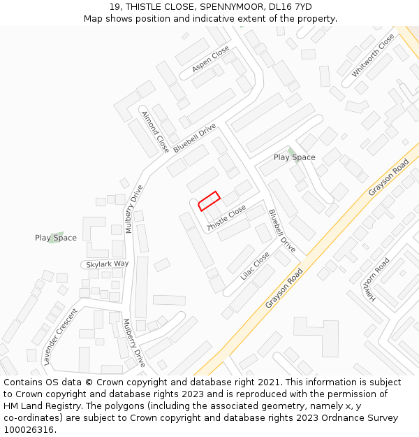 19, THISTLE CLOSE, SPENNYMOOR, DL16 7YD: Location map and indicative extent of plot