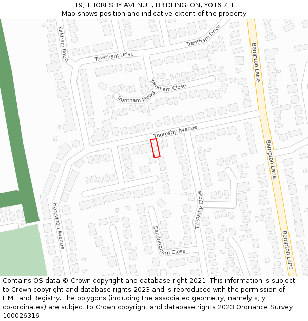 19, THORESBY AVENUE, BRIDLINGTON, YO16 7EL: Location map and indicative extent of plot