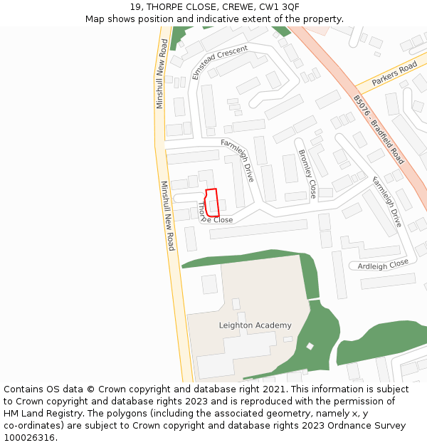 19, THORPE CLOSE, CREWE, CW1 3QF: Location map and indicative extent of plot