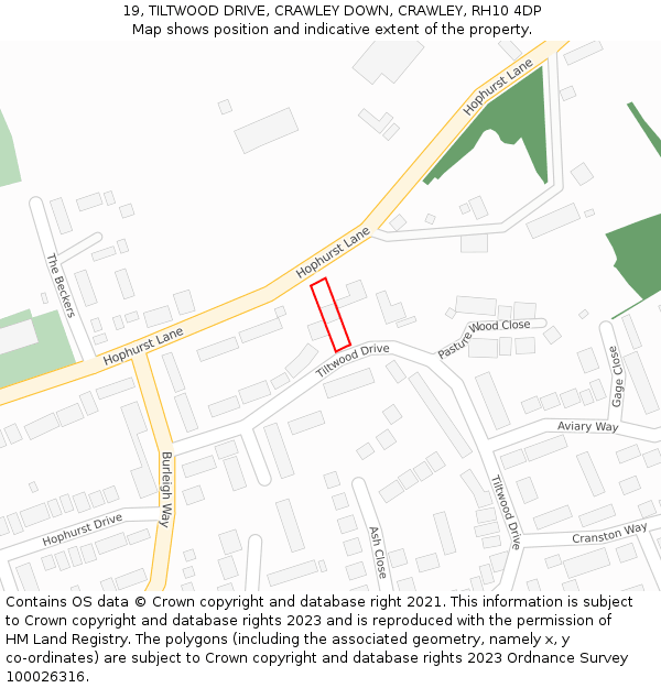 19, TILTWOOD DRIVE, CRAWLEY DOWN, CRAWLEY, RH10 4DP: Location map and indicative extent of plot