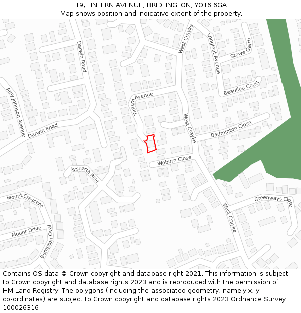 19, TINTERN AVENUE, BRIDLINGTON, YO16 6GA: Location map and indicative extent of plot
