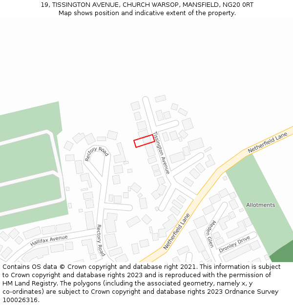 19, TISSINGTON AVENUE, CHURCH WARSOP, MANSFIELD, NG20 0RT: Location map and indicative extent of plot