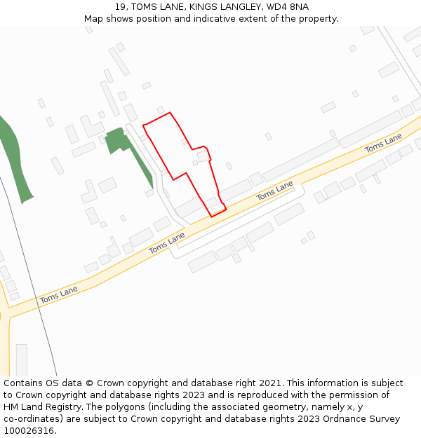 19, TOMS LANE, KINGS LANGLEY, WD4 8NA: Location map and indicative extent of plot