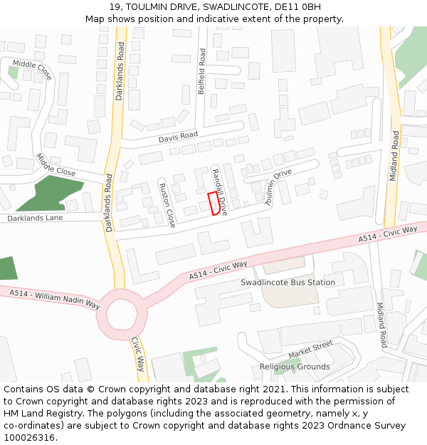 19, TOULMIN DRIVE, SWADLINCOTE, DE11 0BH: Location map and indicative extent of plot