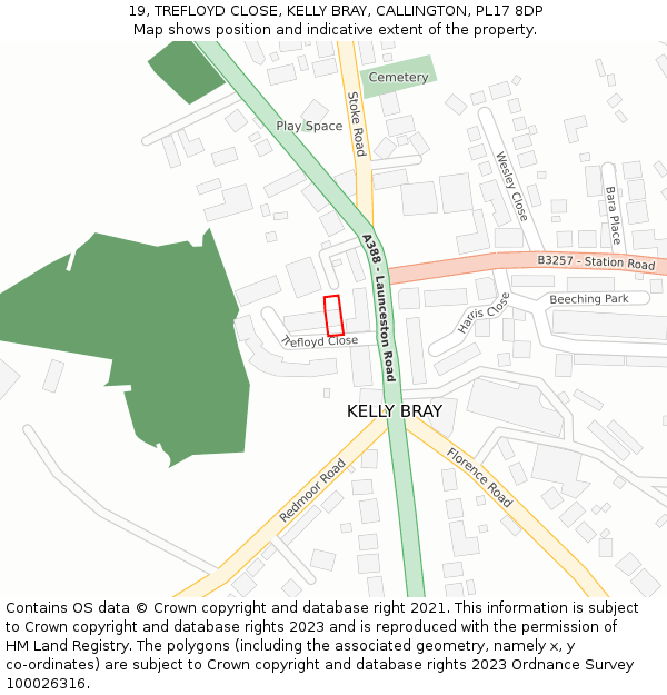 19, TREFLOYD CLOSE, KELLY BRAY, CALLINGTON, PL17 8DP: Location map and indicative extent of plot