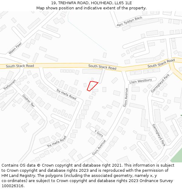 19, TREHWFA ROAD, HOLYHEAD, LL65 1LE: Location map and indicative extent of plot