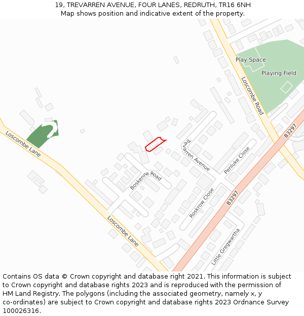 19, TREVARREN AVENUE, FOUR LANES, REDRUTH, TR16 6NH: Location map and indicative extent of plot