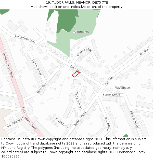 19, TUDOR FALLS, HEANOR, DE75 7TE: Location map and indicative extent of plot