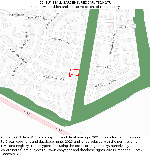 19, TUNSTALL GARDENS, REDCAR, TS10 2TR: Location map and indicative extent of plot