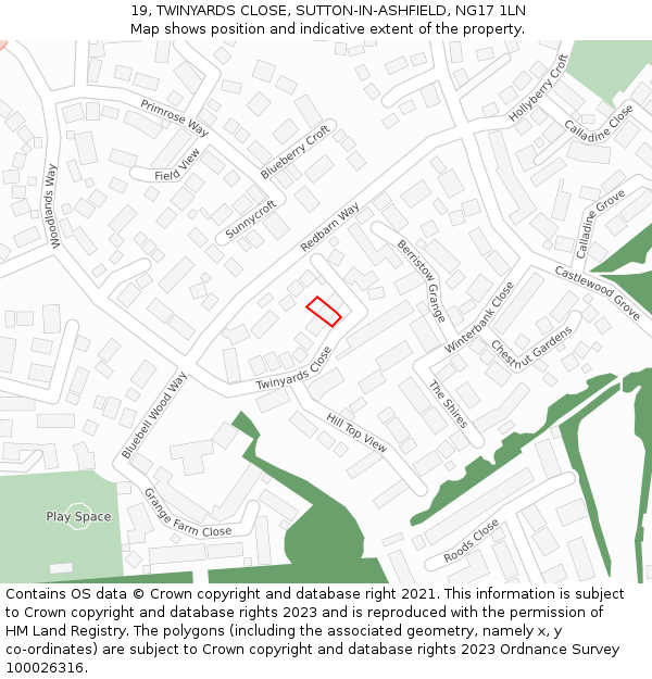 19, TWINYARDS CLOSE, SUTTON-IN-ASHFIELD, NG17 1LN: Location map and indicative extent of plot