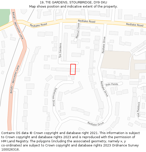 19, TYE GARDENS, STOURBRIDGE, DY9 0XU: Location map and indicative extent of plot