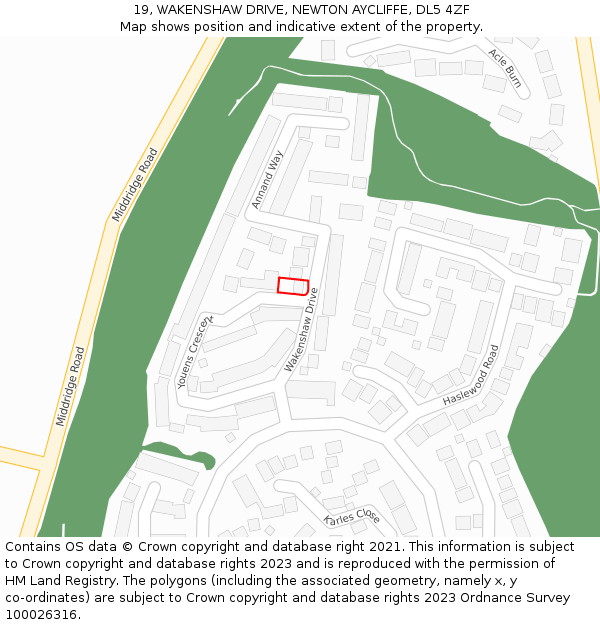 19, WAKENSHAW DRIVE, NEWTON AYCLIFFE, DL5 4ZF: Location map and indicative extent of plot