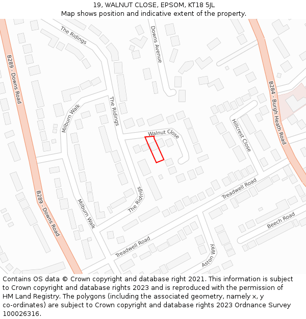 19, WALNUT CLOSE, EPSOM, KT18 5JL: Location map and indicative extent of plot