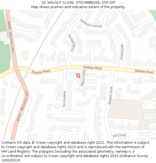 19, WALNUT CLOSE, STOURBRIDGE, DY9 0XT: Location map and indicative extent of plot