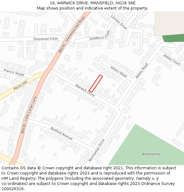 19, WARWICK DRIVE, MANSFIELD, NG18 3AE: Location map and indicative extent of plot