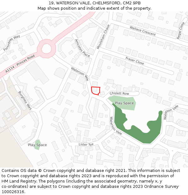 19, WATERSON VALE, CHELMSFORD, CM2 9PB: Location map and indicative extent of plot