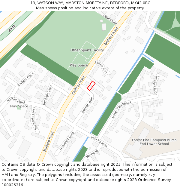 19, WATSON WAY, MARSTON MORETAINE, BEDFORD, MK43 0RG: Location map and indicative extent of plot