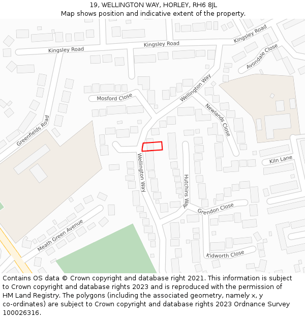 19, WELLINGTON WAY, HORLEY, RH6 8JL: Location map and indicative extent of plot