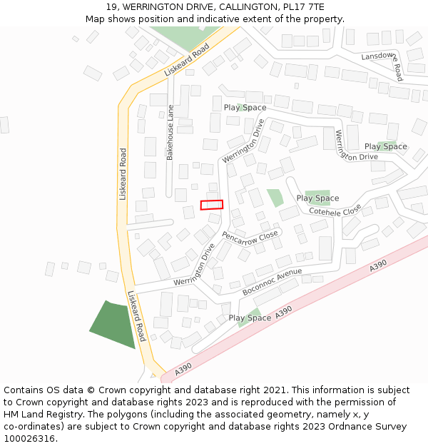 19, WERRINGTON DRIVE, CALLINGTON, PL17 7TE: Location map and indicative extent of plot