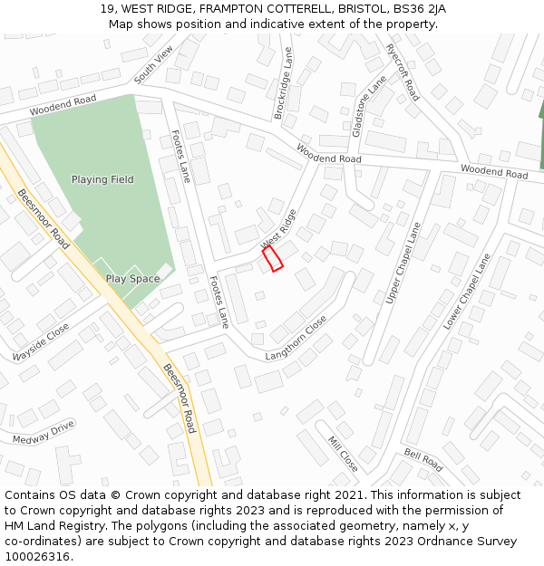 19, WEST RIDGE, FRAMPTON COTTERELL, BRISTOL, BS36 2JA: Location map and indicative extent of plot