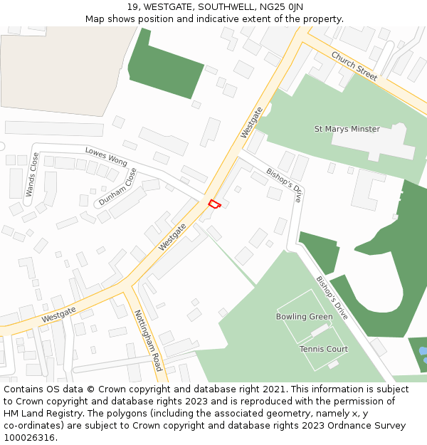 19, WESTGATE, SOUTHWELL, NG25 0JN: Location map and indicative extent of plot