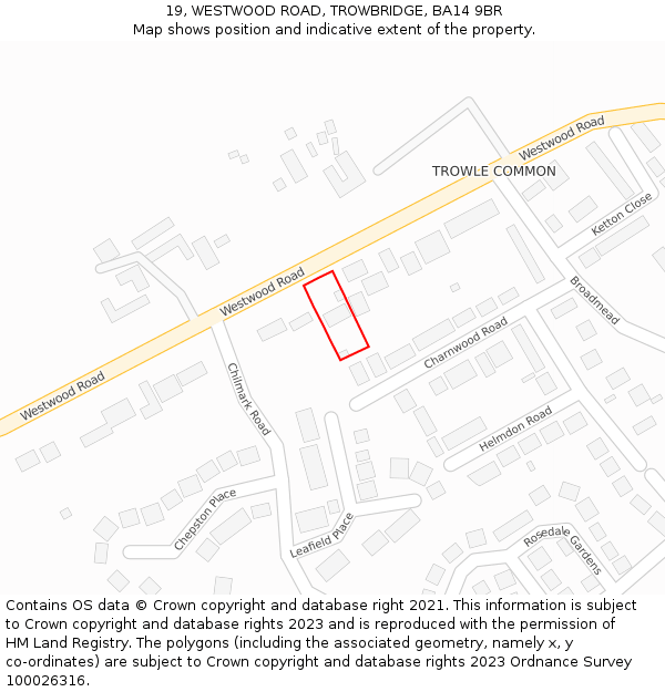 19, WESTWOOD ROAD, TROWBRIDGE, BA14 9BR: Location map and indicative extent of plot
