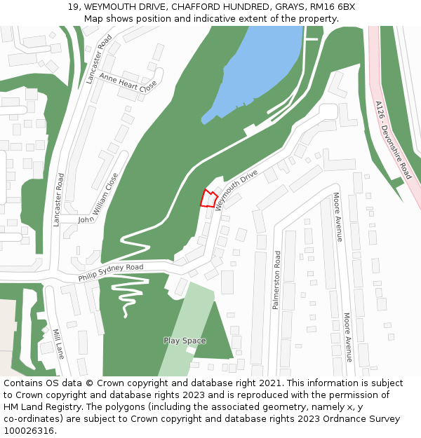 19, WEYMOUTH DRIVE, CHAFFORD HUNDRED, GRAYS, RM16 6BX: Location map and indicative extent of plot