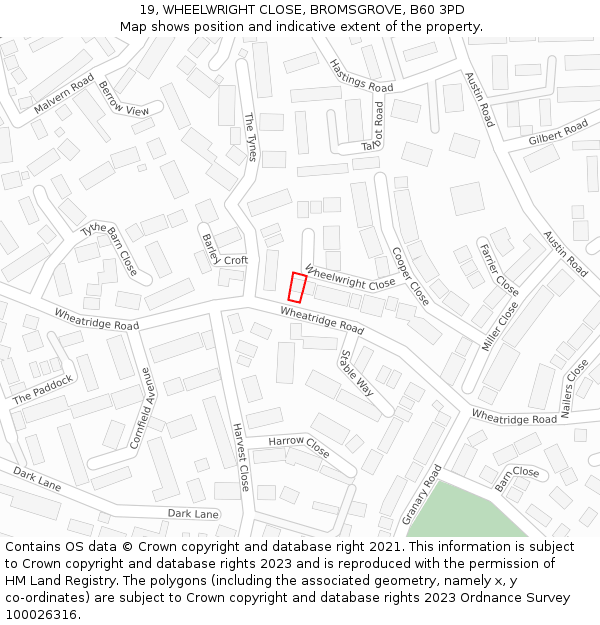 19, WHEELWRIGHT CLOSE, BROMSGROVE, B60 3PD: Location map and indicative extent of plot