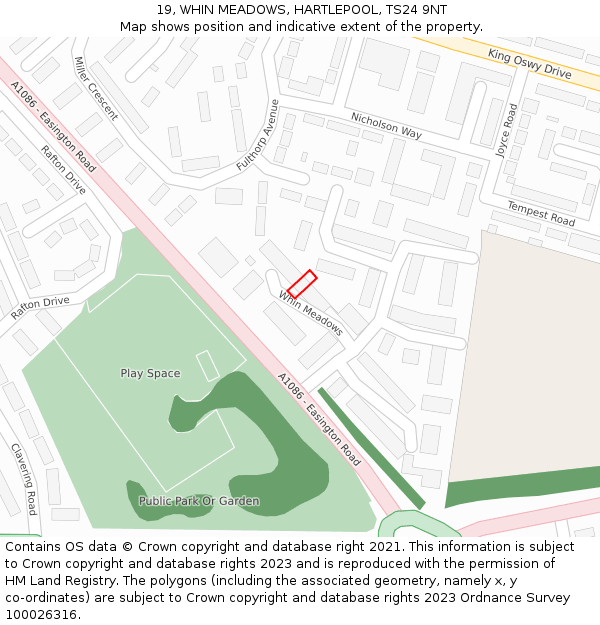 19, WHIN MEADOWS, HARTLEPOOL, TS24 9NT: Location map and indicative extent of plot