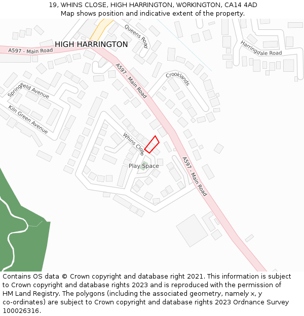 19, WHINS CLOSE, HIGH HARRINGTON, WORKINGTON, CA14 4AD: Location map and indicative extent of plot