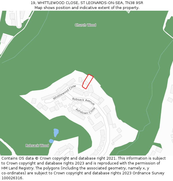 19, WHITTLEWOOD CLOSE, ST LEONARDS-ON-SEA, TN38 9SR: Location map and indicative extent of plot