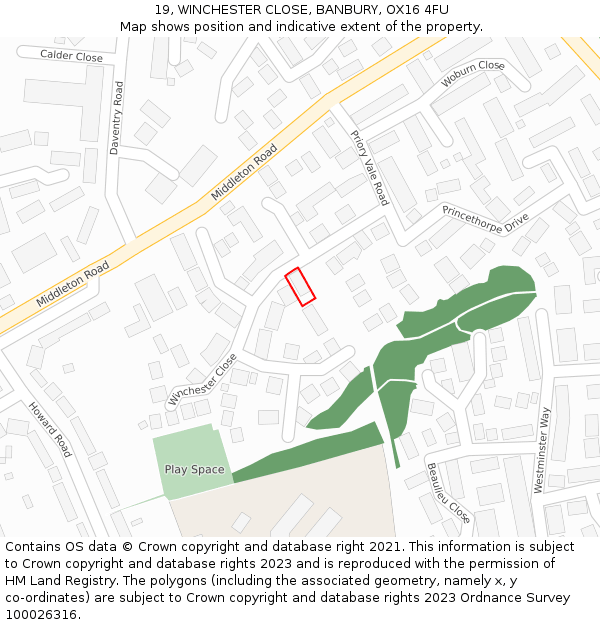 19, WINCHESTER CLOSE, BANBURY, OX16 4FU: Location map and indicative extent of plot