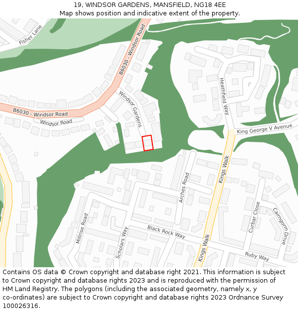 19, WINDSOR GARDENS, MANSFIELD, NG18 4EE: Location map and indicative extent of plot