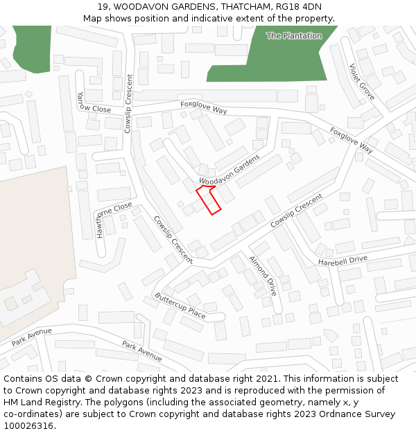 19, WOODAVON GARDENS, THATCHAM, RG18 4DN: Location map and indicative extent of plot