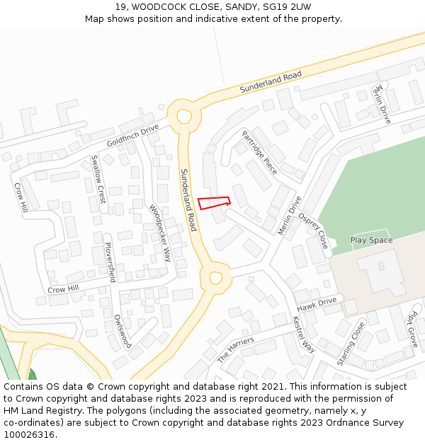 19, WOODCOCK CLOSE, SANDY, SG19 2UW: Location map and indicative extent of plot