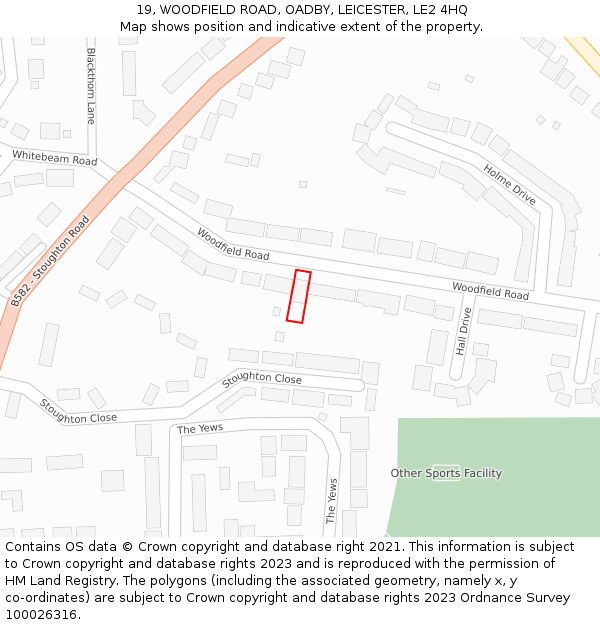 19, WOODFIELD ROAD, OADBY, LEICESTER, LE2 4HQ: Location map and indicative extent of plot