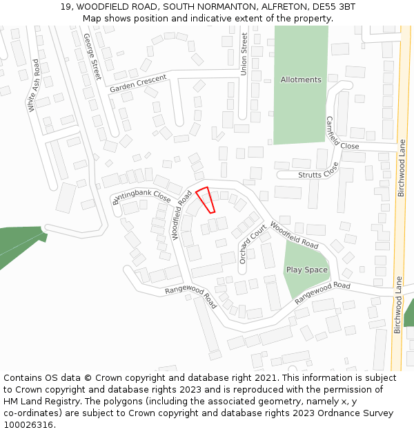 19, WOODFIELD ROAD, SOUTH NORMANTON, ALFRETON, DE55 3BT: Location map and indicative extent of plot