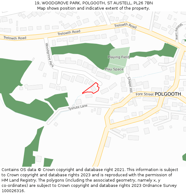 19, WOODGROVE PARK, POLGOOTH, ST AUSTELL, PL26 7BN: Location map and indicative extent of plot