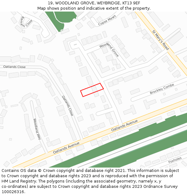 19, WOODLAND GROVE, WEYBRIDGE, KT13 9EF: Location map and indicative extent of plot