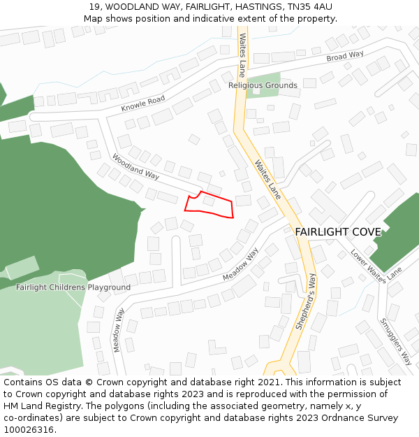 19, WOODLAND WAY, FAIRLIGHT, HASTINGS, TN35 4AU: Location map and indicative extent of plot