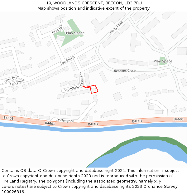 19, WOODLANDS CRESCENT, BRECON, LD3 7RU: Location map and indicative extent of plot