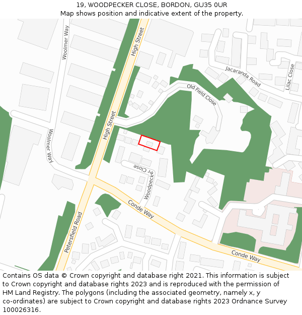 19, WOODPECKER CLOSE, BORDON, GU35 0UR: Location map and indicative extent of plot