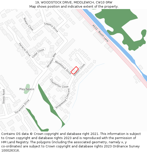 19, WOODSTOCK DRIVE, MIDDLEWICH, CW10 0RW: Location map and indicative extent of plot