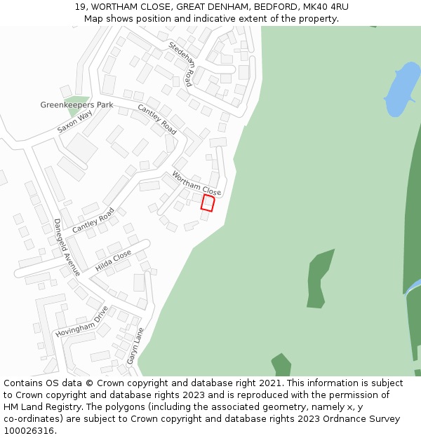 19, WORTHAM CLOSE, GREAT DENHAM, BEDFORD, MK40 4RU: Location map and indicative extent of plot